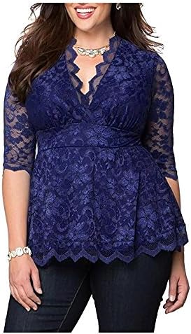 Darkey Wang Womens Plus Size(XL-5XL) V-neck Sleeved Floral Lace Tunic Peasant Tops Blouse(XL)