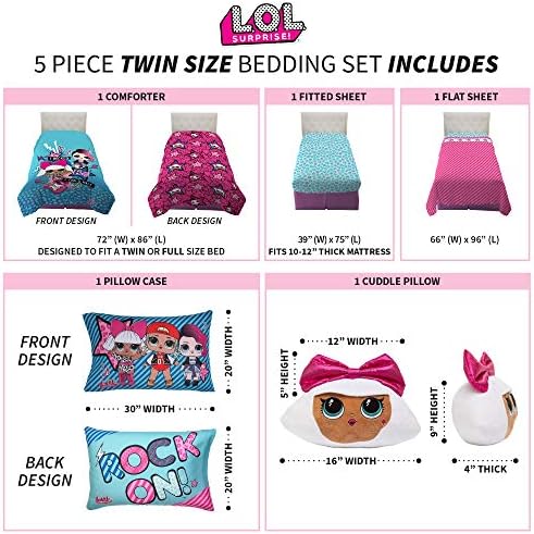 Bedding set with cuddle pillow, comforter, and matching pillows.