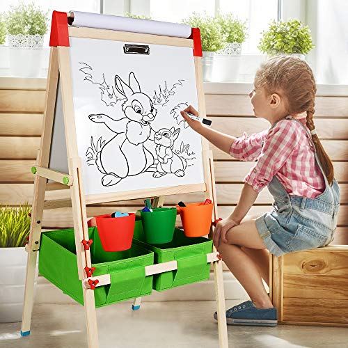 CIRO kids wooden art easels 3-in-1 chalkboard/whiteboard/paper roll (1 apron, 2 gloves, a full set of art supplies accessories)
