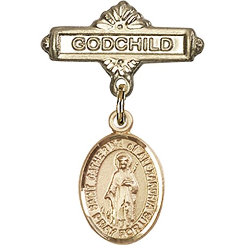 14kt Yellow Gold Baby Badge with St. Catherine of Alexandria Charm and Godchild Badge Pin 1 X 5/8 inches