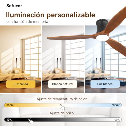 Sofucor Smart Ventilador de Techo con Luz, 132cm Madera Maciza Ventilador de Techo con Alexa/APP/WiFi, Mando a Distancia, DC, 3 Temperaturas de Color, Temporizador, 6 Velocidades para Salón