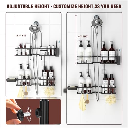 REINHARDT Adjustable Shower Caddy Hanging Rustproof Shower Caddy for Handheld Showerheads, Shower Organizer with Hooks Soap Holder Toothbrush Holder, Anti-Swing Shower Rack Bathroom Accessories, Black
