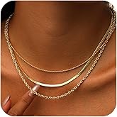 Remmocy Layered Gold/Silver Necklace for Women,14K Gold/Silver Plated Herringbone Necklace Choker Multilayer Snake Paperclip Cuba Figaro Box Chain Accessories Set Non Tarnish Jewelry Gift for Women