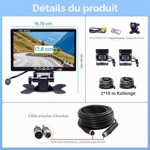 CAMECHO Backup Camera Kit with 7" LCD Display Dual Camera and 4 Channel Quad Video Input, IP68 Waterproof Rearview Camera for Camper, Truck, RV and Trailers