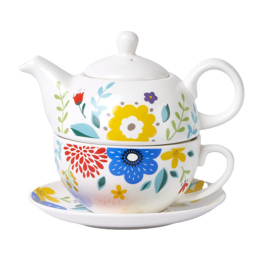 CHILDIKE Porcelain Tea for One, Colorful Flower Teapot and Cup Set, Garden Spring