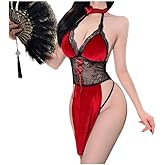 mulanfeng Women's Velvet Sexy Cheongsam Lingerie Dress, Deep V Neck, High Split Nightgown, Babydoll, Chinese Qipao Cosplay