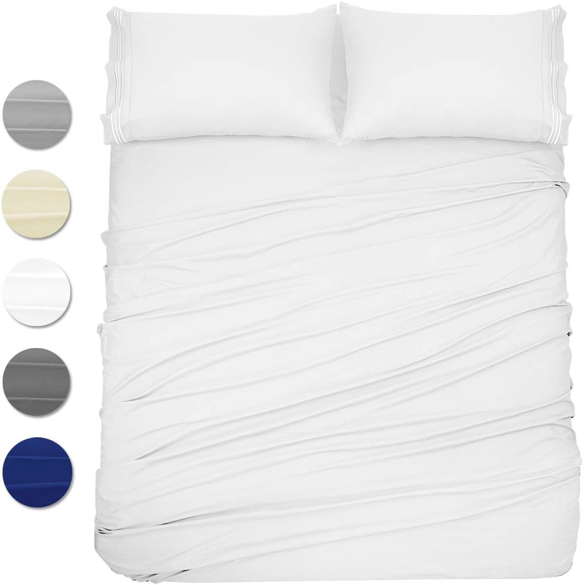 Wonwo Bed Sheets Sets King Size, Hotel Luxury Sheets Set, 4 Piece Microfiber 1800 Bedding Sets - Hypoallergenic 16" Deep Pocket, 4 PC 1 Flat Sheet 1 Fitted Sheet 2 Pillowcases, White