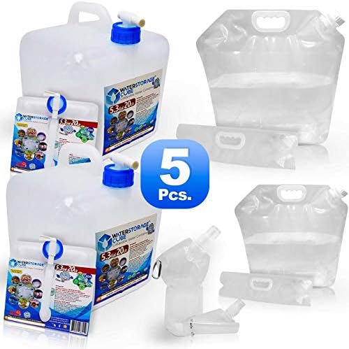 WaterStorageCube BPA Free Premium Collapsible Water Containers, Odorless Camping Drink Storage Carrier Bag & Jug for Outdoors Hiking Backpack, Portable, No-Leak, Freezable (5PC Set 2 Cube 2 Bag 1 Btl)