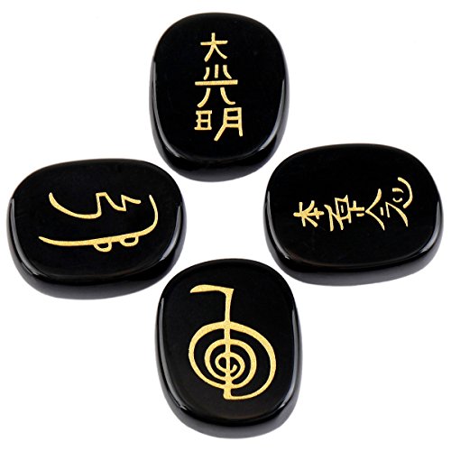 Rockcloud Healing Crystal Black Agate 4pcs Engraved Chakra Stones Palm Stone Reiki Balancing