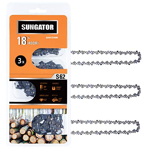 SUNGATOR 3-Pack 18 Inch Chainsaw Chain SG-S62, 3/8" LP Pitch - .050" Gauge - 62 Drive Links, Fits Craftsman, Husqvarna, Ryobi, Homelite, Poulan