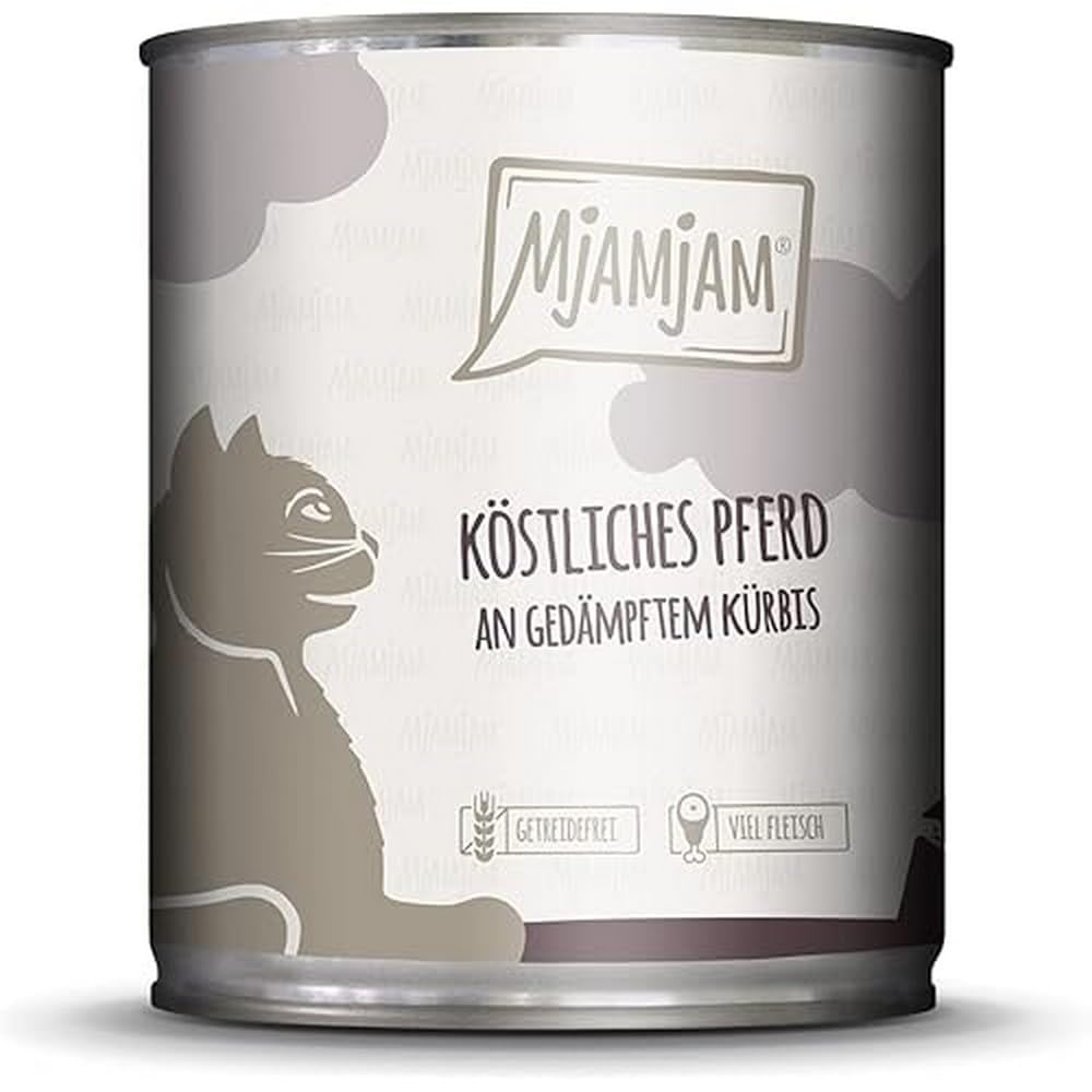 MjAMjAM - premium wet food for cats - delicious horse on steamed pumpkin, pack of 6 (6 x 800 g), grain-free with extra meat — image 1