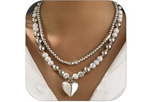 ALRNBY Chunky Heart Necklace for Women Silver Beaded Choker Gold Heart Pendant Layered Ball Chain Necklace White Turquoise Be