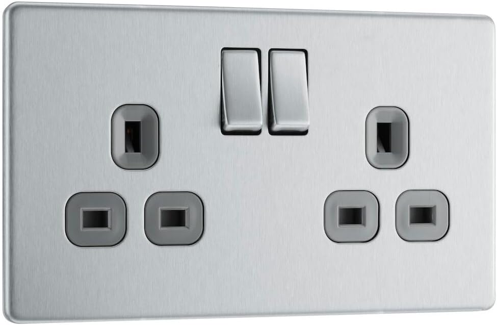 BG Electrical Flatplate Screwless Double Switched Socket 13A Brushed Steel