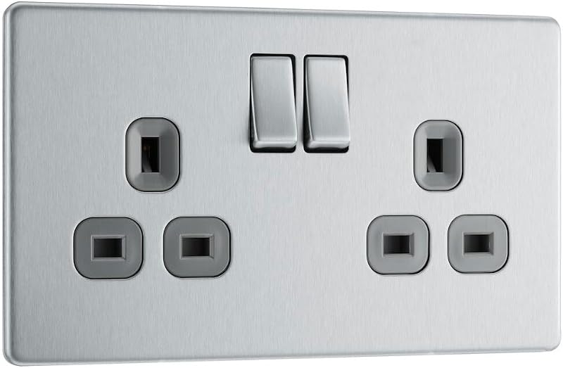 BG Electrical Flatplate Screwless Double Switched Socket 13A Brushed Steel