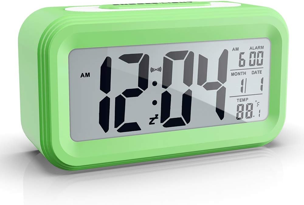 AYRELY Battery Operated Cordless Digital Alarm Clock with Date,Temperature,Smart Sensor Light,12/24Hr,Snooze for Bedrooms,Office,Heavy Sleepers,Kids,Girls (Green)