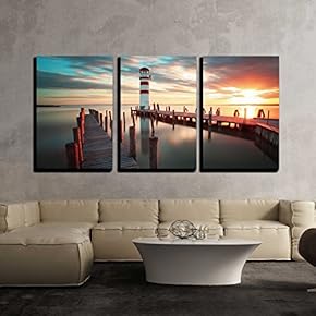 3 Piece Canvas Wall Art - Ocean Lighthouse - Modern Home Art Stretched and Framed Ready to Hang - 16"x24"x3 Panels