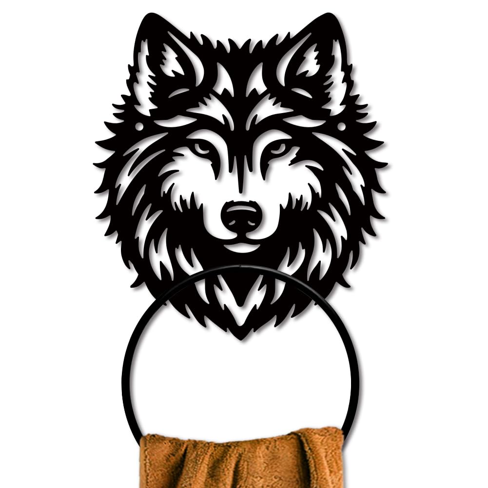 MAYJOYDIY Wolf Head Towel Ring, Black Metal Wildlife-Themed Wall Mounted Holder, Black Art Animal Towel Rack for Bathroom Kitchen