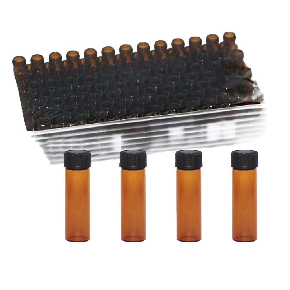 Pack of 100 Glass Vials with Black Phenolic Screw Caps,1 Dram/4ml(1/8 fl oz),for Liquids or Dry Goods (Brown)