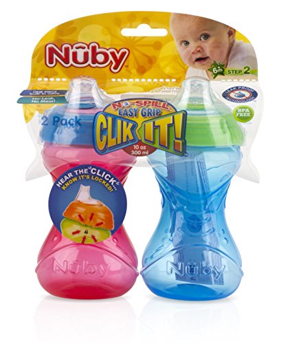 Nuby 2-Pack No-Spill Easy Grip Clik-It Cups, 10 Ounce, Colors May Vary