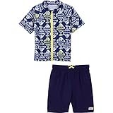 SwimZip¨ Zipper Short Sleeve Rash Guard Swimsuit Set Fish Bone Blue