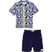 SwimZip¨ Zipper Short Sleeve Rash Guard Swimsuit Set Fish Bone Blue