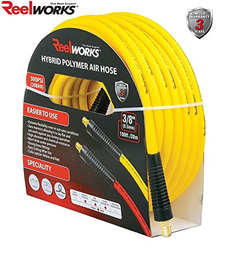 ReelWorks 19143001A Hybrid Polymer Flexible Air Compressor Hose, 3/8" x 100', 0.375" Inside Diameter