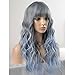 BERON 23 Inches Women Girls Lovely Synthetic Mix Color Long Curly Wigs Pin Curls with Neat Bangs Hairnet Included (Dark Grey Mix Light Blue)