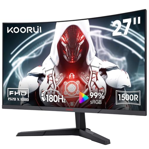 KOORUI 27 Inch Gaming Monitor, 180Hz Curved Monitor FHD 1080P VA 1ms 1500R PC Monitors with Adaptive Sync, HDMI/DP, VESA Compatible, Tilt Adjustable, Eye Care