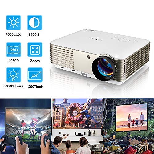 EUG LCD HD Home Theater Projector 1080P 4600 Lumen Digital TV Projector Movies Gaming with HDMI  HDMI USB RCA Audio VGA AV Zoom Keystone Built-in Speakers, Ideal for Outdoor Indoor Entertainment