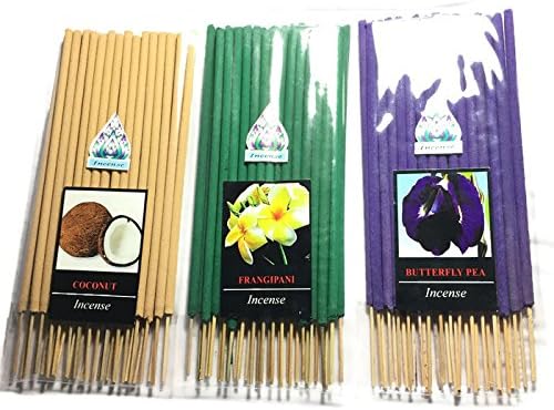 3 Pcs 90 STICKS (COCONUT,FRANGIPANI,BUTTERFLY PEA) INCENSE STICK AROMA FRAGRANCE PREMIUM WOODS SCENT NATURAL "No carcinogenic"