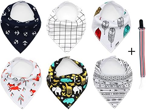 Baby Bandana Drool Bibs, Unisex 6-Pack, 100% Organic Cotton, Soft and Absorbent for Drooling and Teething for Boys and Girls, a Free Pacifier Clip by AZ Babies
