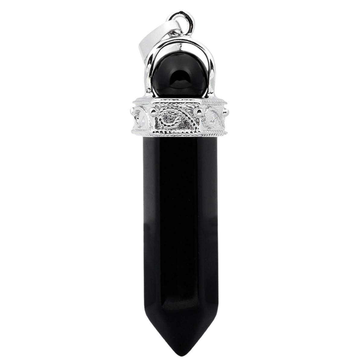 KYEYGWO Hexagonal Crystal Point Stone Pendant Necklace for Unisex, Black Agate Healing Gemstone Bead Pendant with Chain 23"