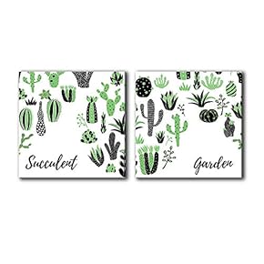 Canvas Wall Art Cute Cactus Abstract Painting Artwork for Home Prints Framed - 12"x12" x 2 Panels
