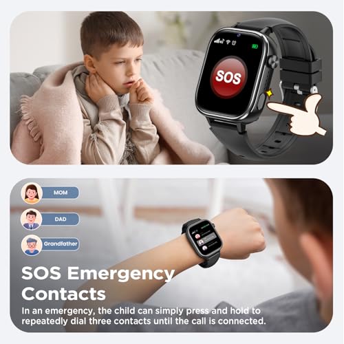 Nuevo 4G Reloj Inteligente Niño con Videollamada & GPS, Smartwatch Niños con SOS, Chat de Voz, Modo Escuela, Podómetro, Despertador, Monitor de Sueño IP68 Impermeable Regalo para Niños Niñas, Negro