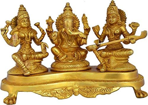 Gorevizon Laxmi Ganesha Saraswati Brass Statue, Yellow