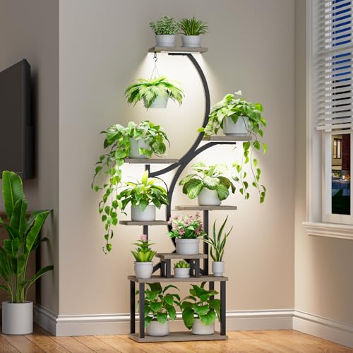 Plant Stand Indoor with Grow Lights - 62" Tall Plant Shelf, Lighted Corner Plant Stands for Indoor Growing, 8 Tiered Large Flower Holder, S-Shaped Decorative Rack for Living Room, Patent Design, Grey Image
