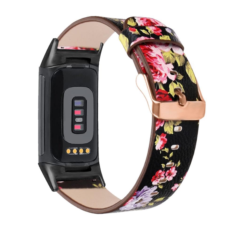 YOOSIDE Leather Strap Compatible with Fitbit Charge 6/5, Floral Print Soft Leather Women Quick Release Wrist Band (Black)