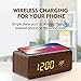 fomobest Wooden Alarm Clock with Wireless Charging for iPhone Samsung, Wood Digital LED Desk Clock for Bedroom, 3 Alarm Settings, Sound Control, Adjustable Brightness, Time Temperature (Brown)