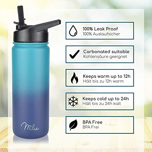 Milu Edelstahl Trinkflasche 500ml, 750ml, 1000ml (+3 Deckel) - Thermosflasche mit Strohhalm, Isolierte Wasserflasche, Auslaufsichere Isolierflasche doppelwandig, Kohlensäure geeignet (Grün Blau, 0,5L) – Bild 3
