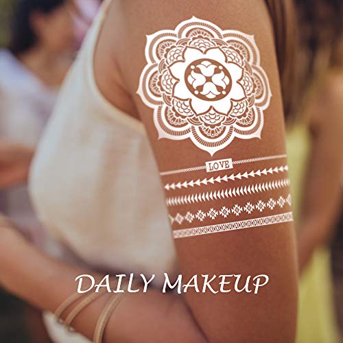 Temporary Tattoos, 12 Sheets Henna Tattoo Kit, 6 X Flash Metallic Tattoos for Women + 6 X White Henna Combo, Mandala Festival Clothing, Gold Tattoos, DIY Home Decor, Boho Body Tattoos for Women Kids
