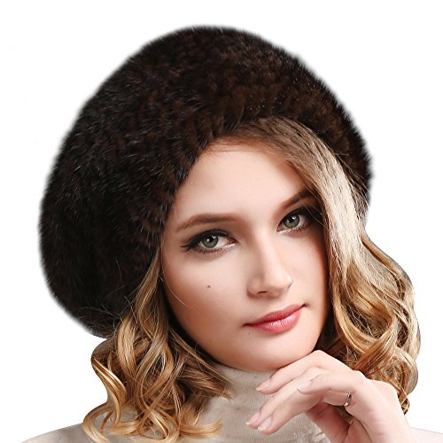 FURTALK Ladies 100% Natural Mink Beret Hat women winter fur hats mink fur beret for women (Brown)