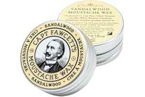 Captain Fawcett's Moustache Wax- Sandalwood scent - easy to use, with premium natural ingredients, for taming and shaping unruly beards, 15ml ℮ 0.5fl oz, ideal for professional and personal use, Made in the U.K.