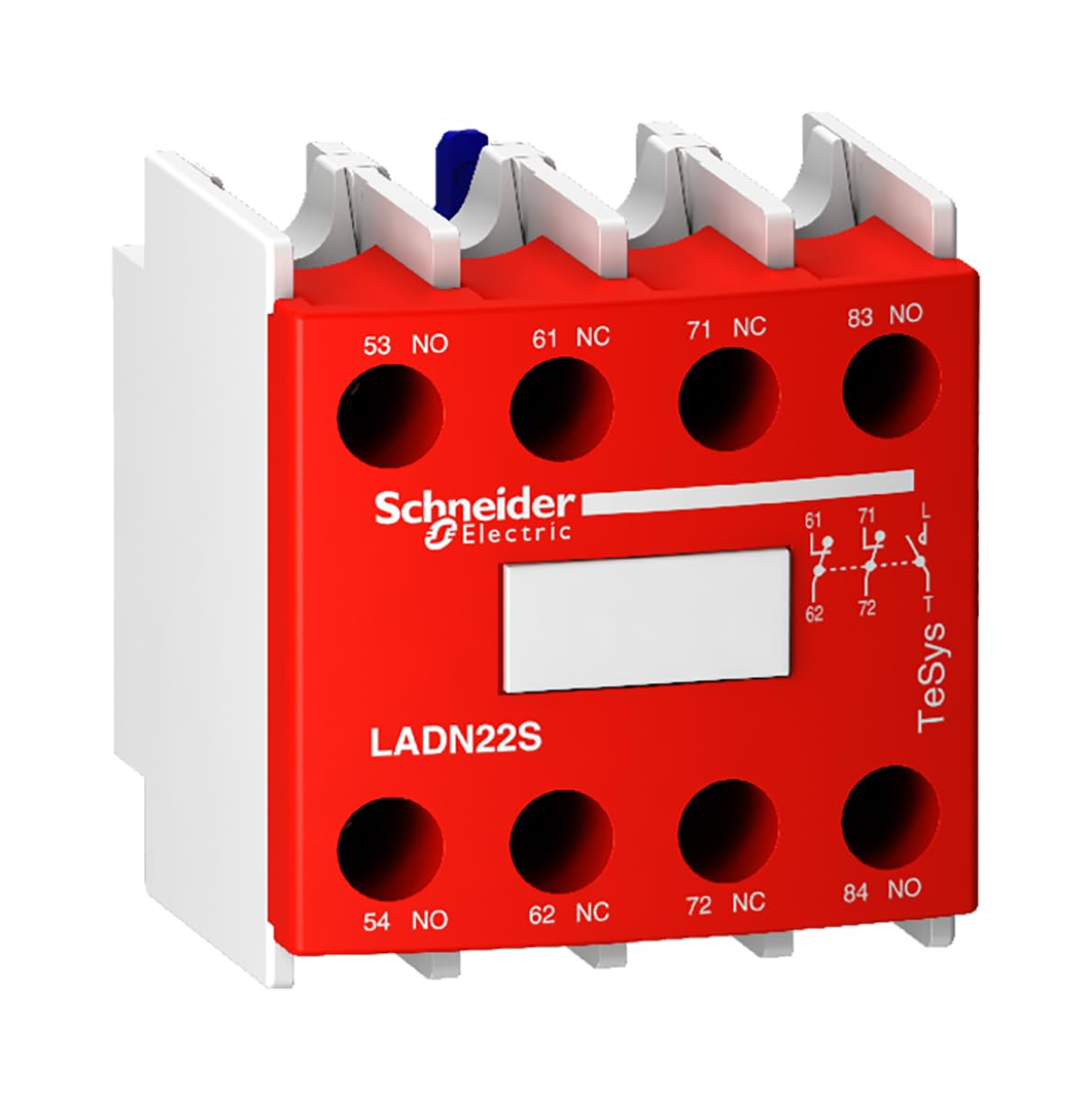 Schneider Electric, Auxiliary contact block, TeSys D, 2NO + 2NC, front mounting, screw terminals, red front face, LADN22S