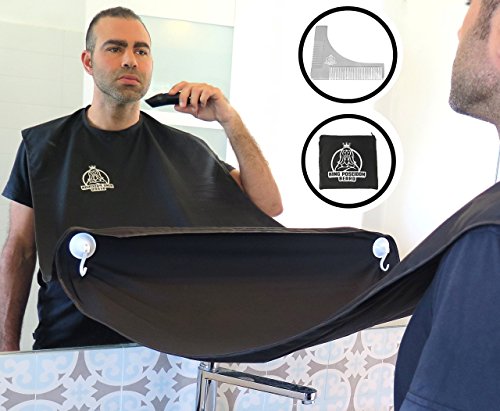 KING POSEIDON Beard Shaving Bib Apron Beard Catcher With Stainless Steel Beard Shaping Tool Comb, Hair Clippings Cape For Shaving, Premium Grooming Kit For Men, Black