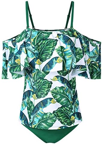 HiMiss Women Two Piece Bikini Lace up Ruffled Off Shoulder Flounce Swimsuit Bathing Suits Bikini Set Beachwear Green M