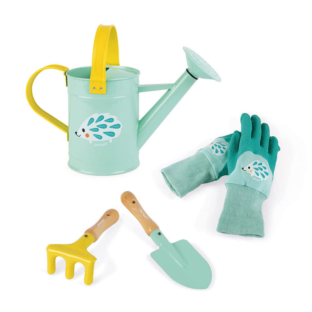 Janod - Complete Children's Gardening Set - 1 Bucket, 1 Pair of Gloves, 1 Shovel, 1 Rake - Designed for Beginners to Gardening - Garden Toys From 3 years old