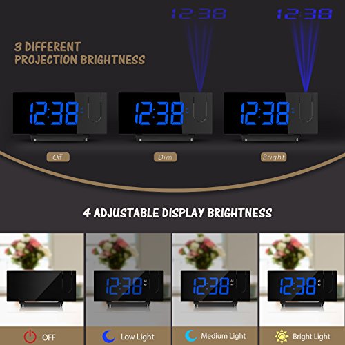 Mpow [Gen-2] Projection Alarm Clock, Arc-shaped Projection Clocks with 5 Inch Dimmer LED Display, Digital Clock Radios for bedroom with Dual Alarm, 12/24 Hours, Backup Battery (Black-Blue) - Thumbnail 3