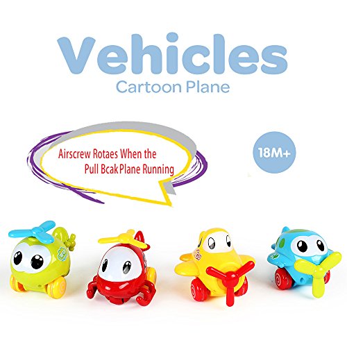 PUSITI Pull Back Cartoon Plane Assorted 4" Airplane Friction Cars Playset 4 Pack Plastic Helicopter Aircraft for Preschool Children Baby Toddlers Kids Pull-Back Vehicle Education Learning Toys - Thumbnail 3