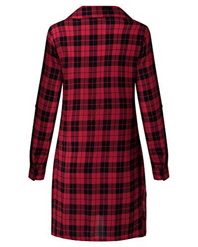 Auxo Damen Karierte Kleider V-Ausschnitt Langarm Minikleid Oversize Bluse Tops Hemd – Bild 4