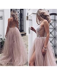 Vestido de ocasión especial sexy, sexy, con cuello en V, con cuentas, espalda abierta, de tul, largo, para fiestas de graduación